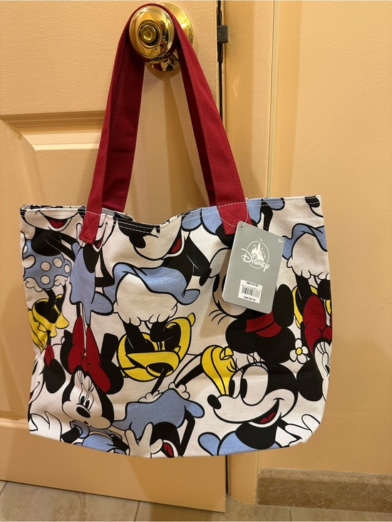 Disney Handbags - Disney Canvas Tote with Minnie & Friends Multicolor Print and Red Handles NWT